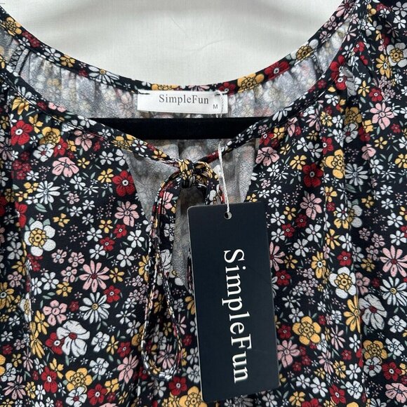 Simple Fun Tunic Size M Peasant Floral Blouse  Tie Neck Flare Sleeve Multicolor - Picture 7 of 11